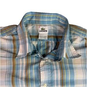 Lacoste Shirt Mens Blue Checkered Plaid Long Sleeve Button Up Preppy 46R